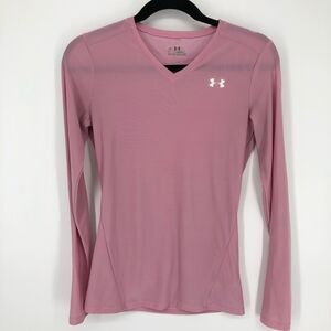 Under Armour Heatgear Shirt Mens Large Light Pink Compression V Neck Long Sleeve